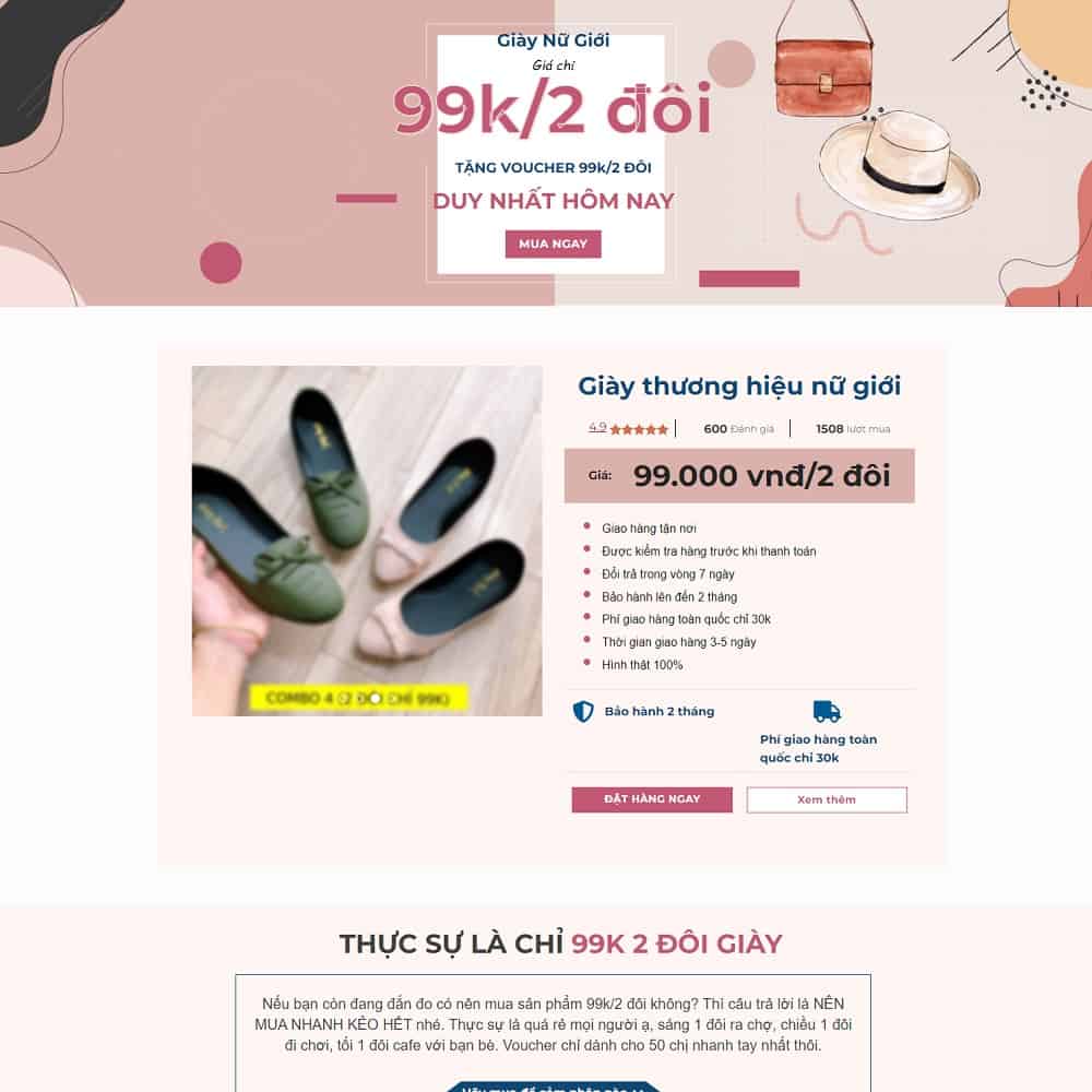 Theme WordPress Lading Page bán giày, dép nữ